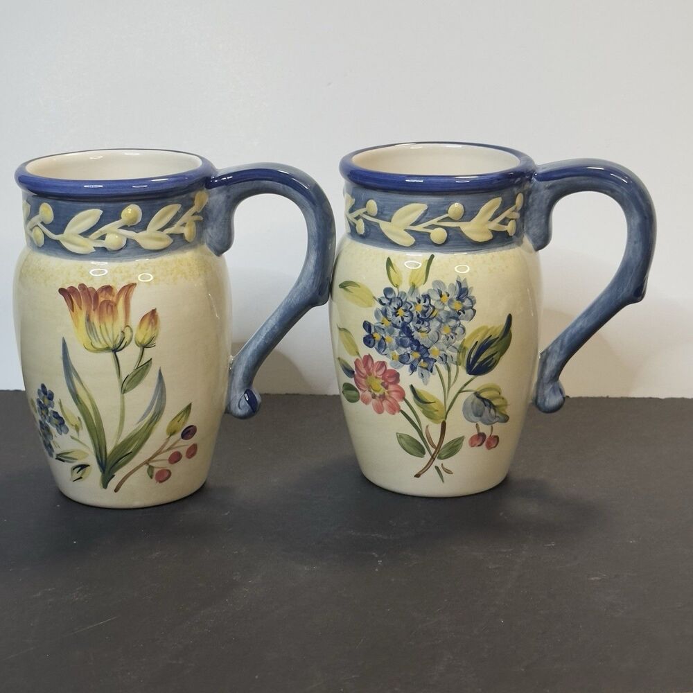 2 Certfled International Flora Mugs Cup Set Flora Pamela Gladding Blue 20oz 6"